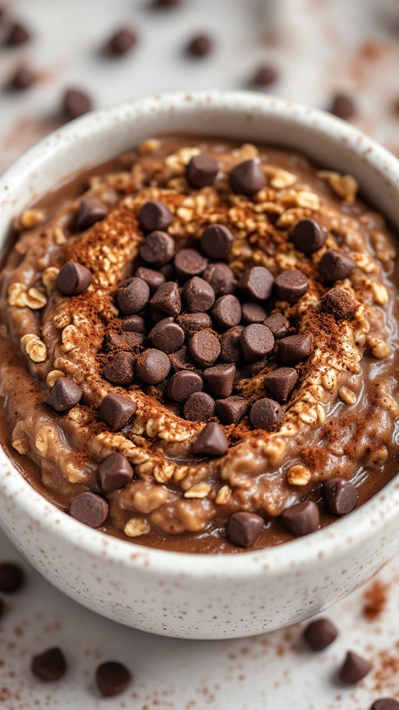 A bowl of mocha coffee overnight oats topped with coffee beans and cocoa powder.