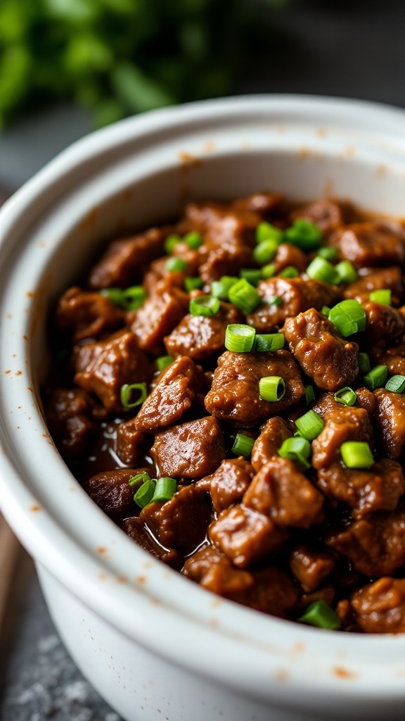 A bowl of Mongolian Beef with green onions on top