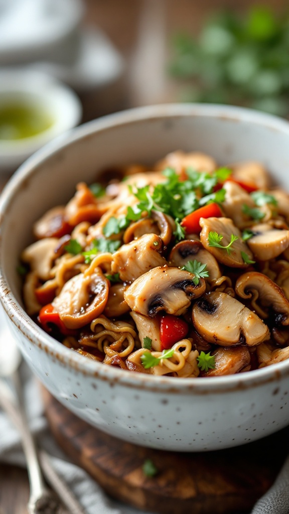 A bowl of Moo Shu Pork with vegetables and an egg on top.