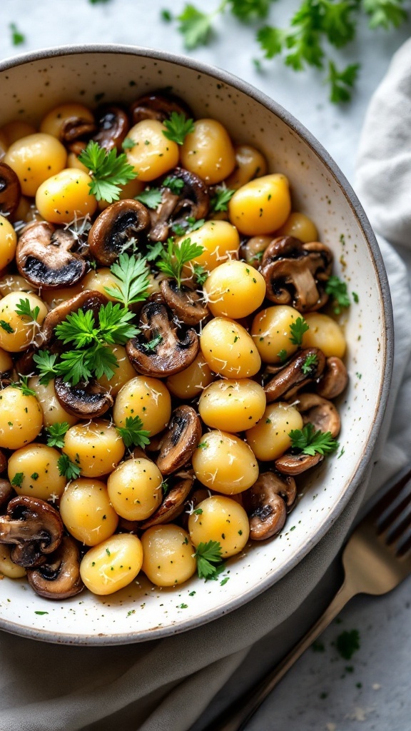 A delicious Mushroom and Gnocchi Skillet with a sprinkle of parsley.