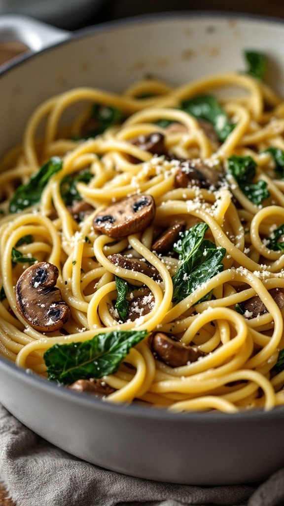 A creamy mushroom and spinach fettuccine pasta dish.