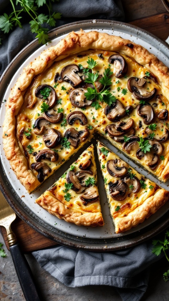A delicious mushroom and Swiss cheese quiche without crust, decorated with parsley.