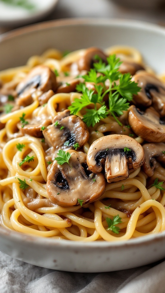 Plate of Mushroom Stroganoff Pasta garnished with parsley.