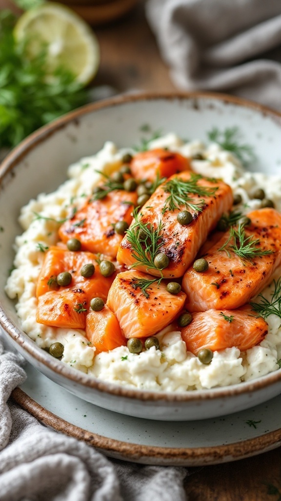 A delicious Northwest Salmon Cottage Cheese Bowl featuring salmon fillets atop creamy cottage cheese with capers and fresh dill.