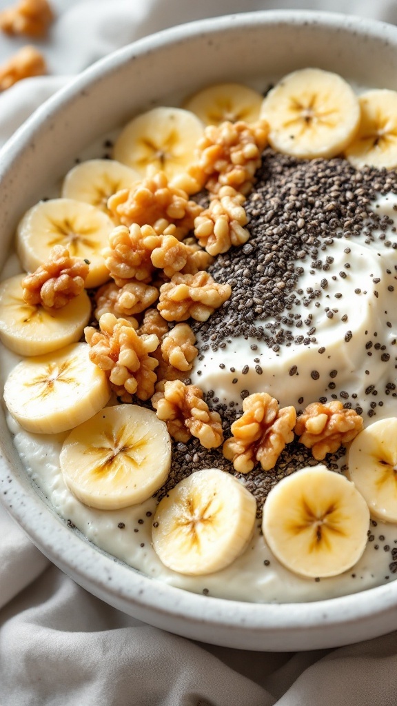 Nutty Banana and Chia Seed Bowl with cottage cheese, banana slices, walnuts, and chia seeds