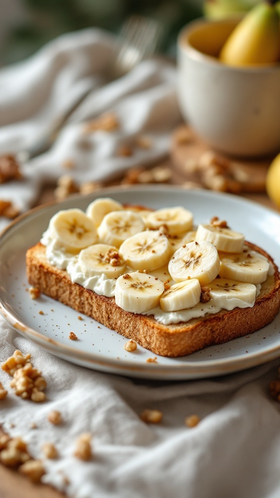 Nutty Banana Cottage Cheese Toast with banana slices and walnuts on top