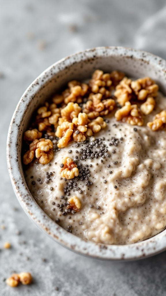 A bowl of nutty chia seed oats topped with walnuts and served with a spoon.