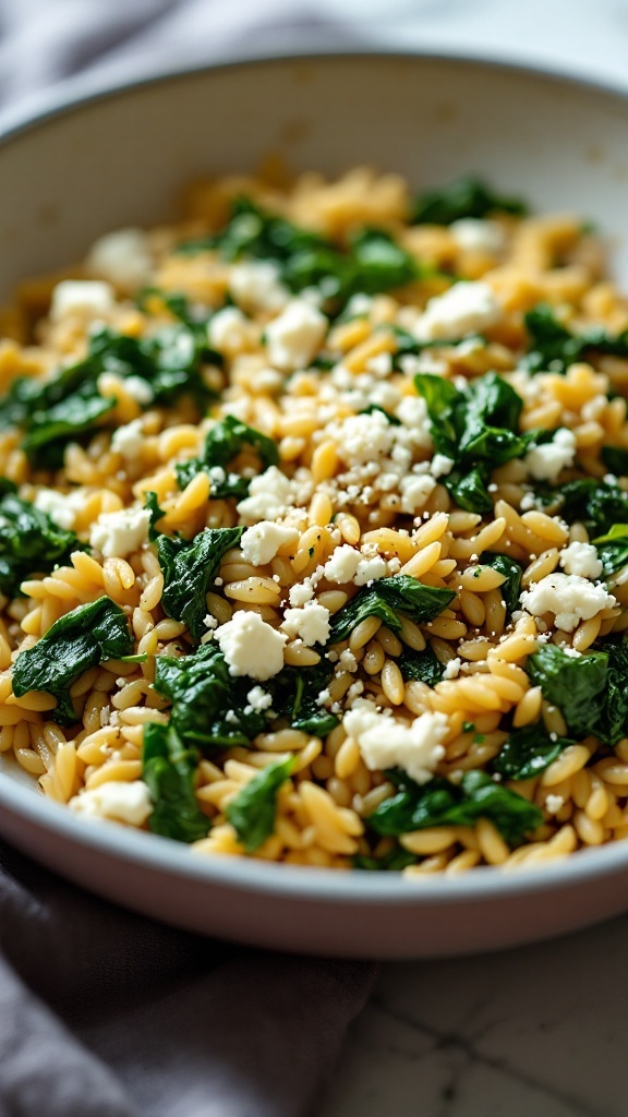 A delicious one-pan orzo dish with spinach and feta.