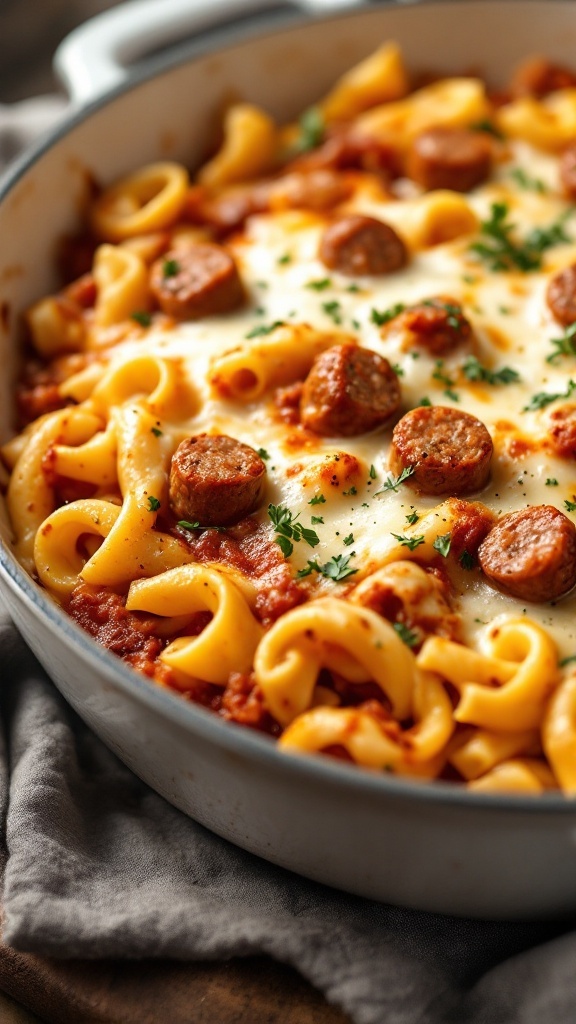 A close-up of a creamy pasta bake with sausage and melted cheese.