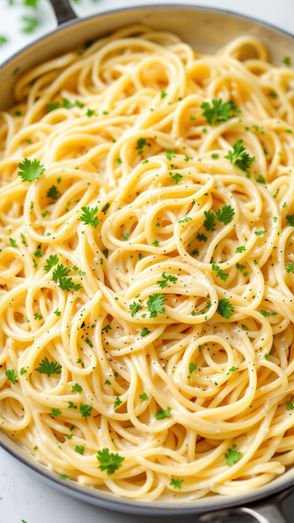 A delicious serving of garlic parmesan pasta with a sprinkle of parsley.