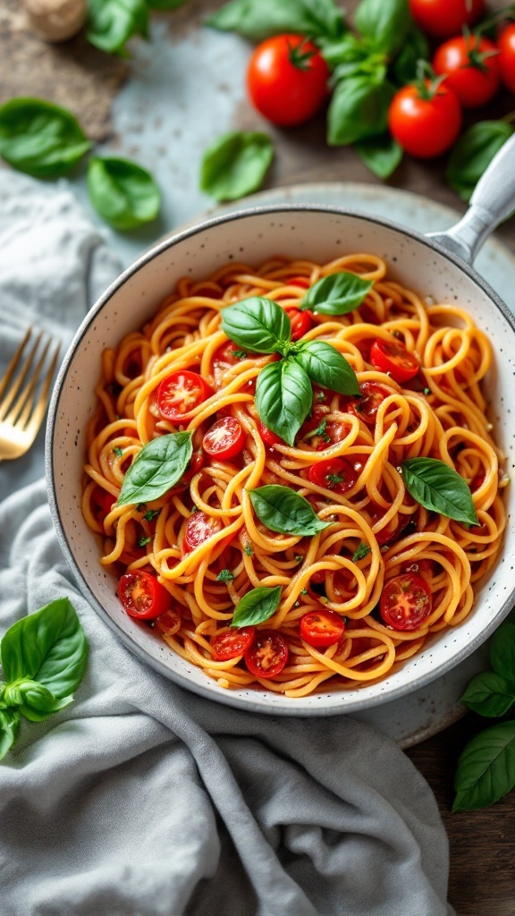 A bowl of One-Pot Tomato Basil Pasta garnished with fresh basil and cherry tomatoes.