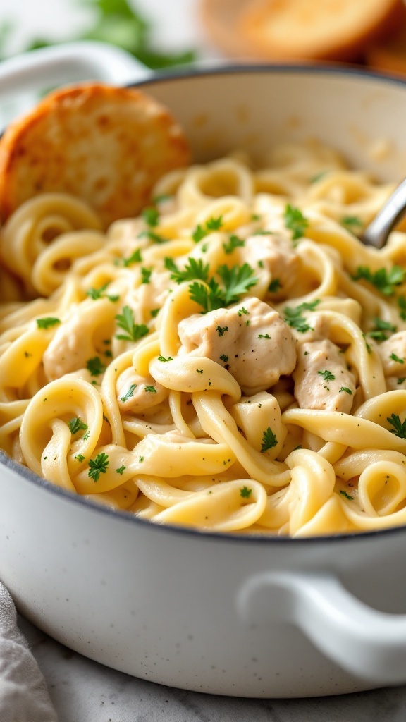 One Pot Chicken Alfredo with pasta and chicken in a creamy sauce