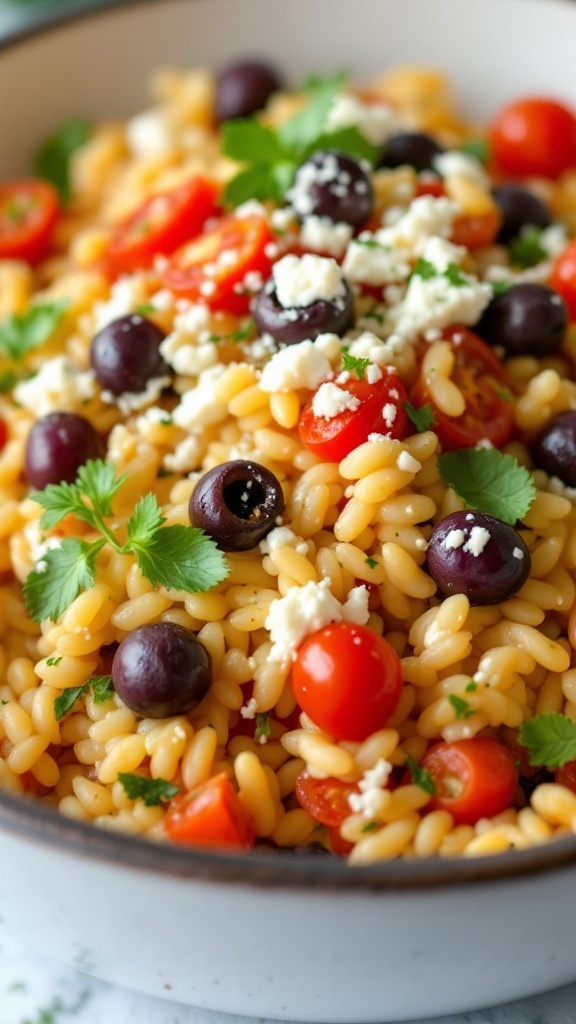 A colorful bowl of Mediterranean orzo with tomatoes, olives, and feta cheese.