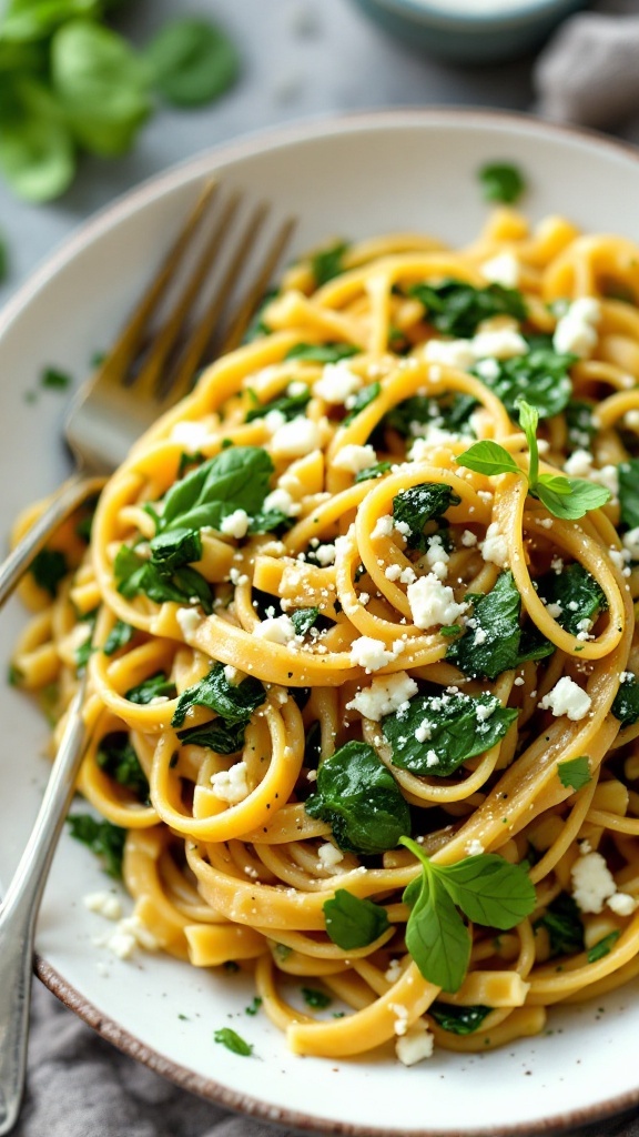 Plate of one pot pasta with spinach and feta
