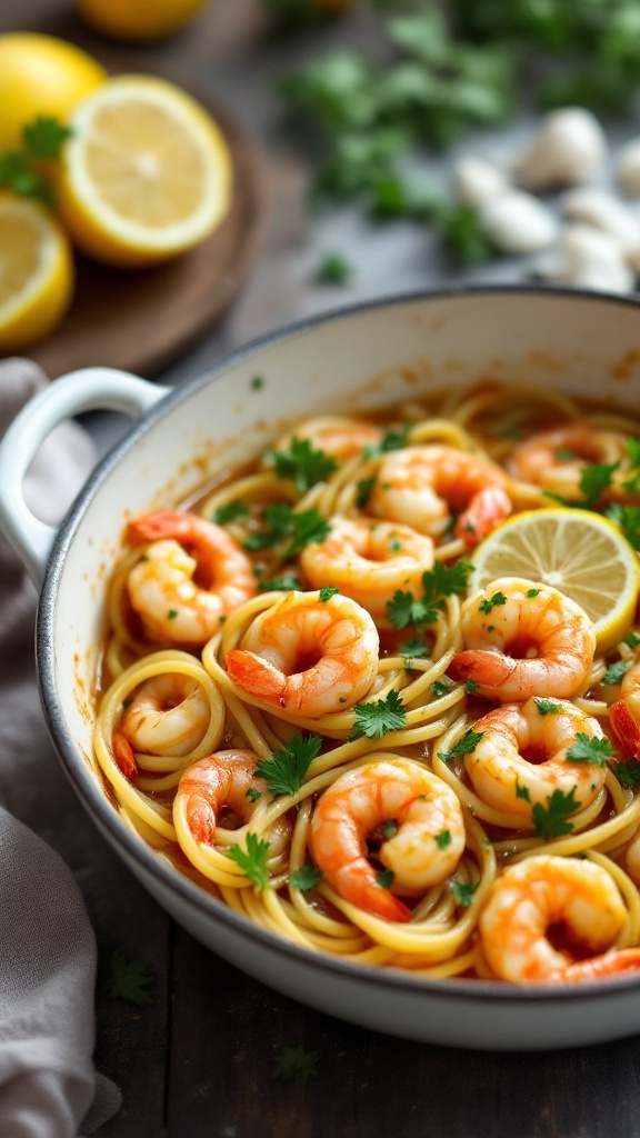 One Pot Shrimp Scampi with pasta and shrimp in a bowl