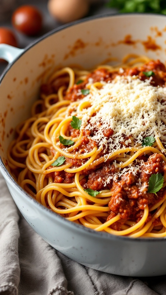 A bowl of spaghetti bolognese with a rich sauce and cheese