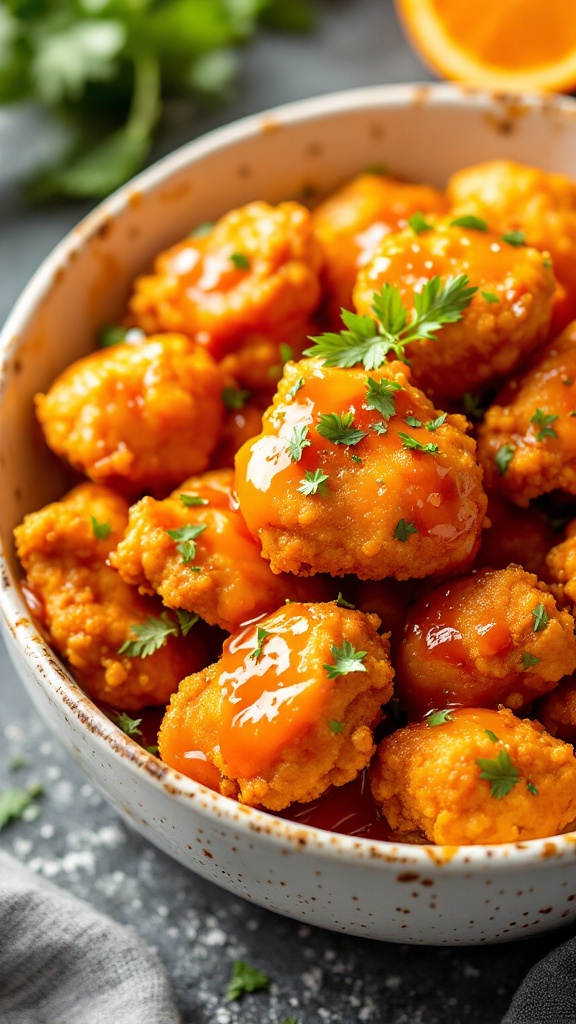 A delicious serving of orange chicken in a crockpot, showcasing the tender chicken in a glossy orange sauce.