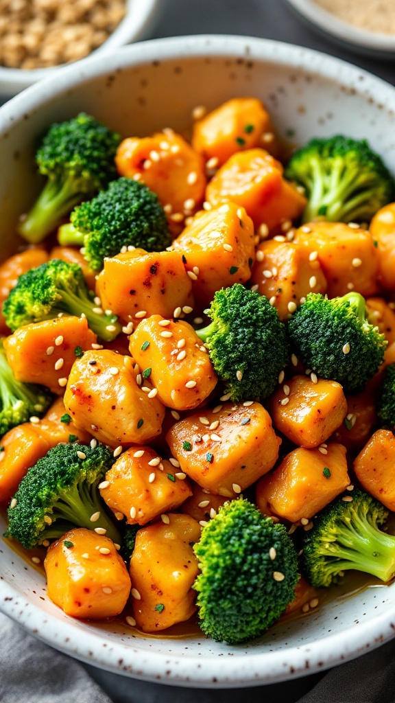 A bowl of orange chicken with broccoli, garnished with sesame seeds.