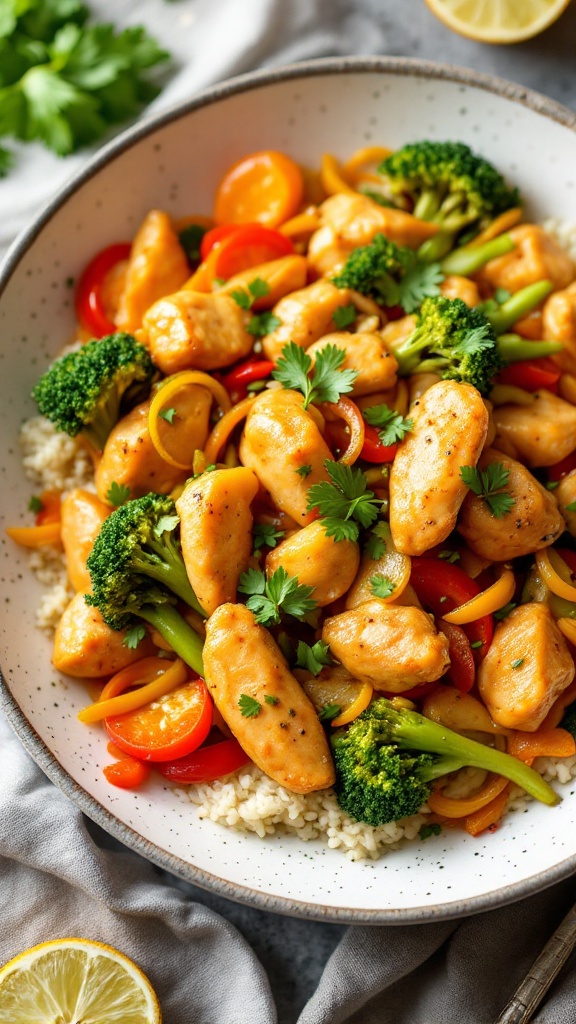 A crockpot filled with colorful Orange Ginger Chicken Stir-Fry featuring chicken, bell peppers, broccoli, and vibrant sauce.