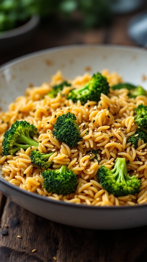 A bowl of orzo pasta with broccoli