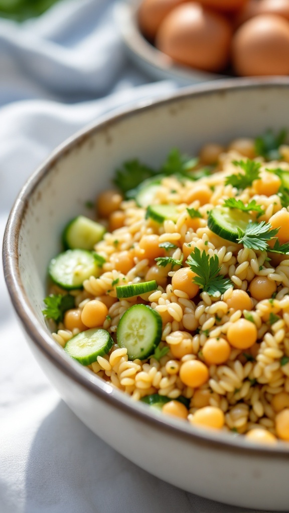A bowl of orzo and chickpea salad with cucumbers and herbs