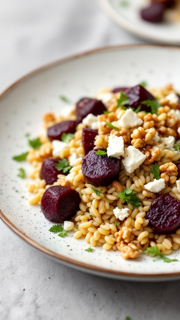 A colorful orzo and roasted beet salad, garnished with feta cheese and walnuts.