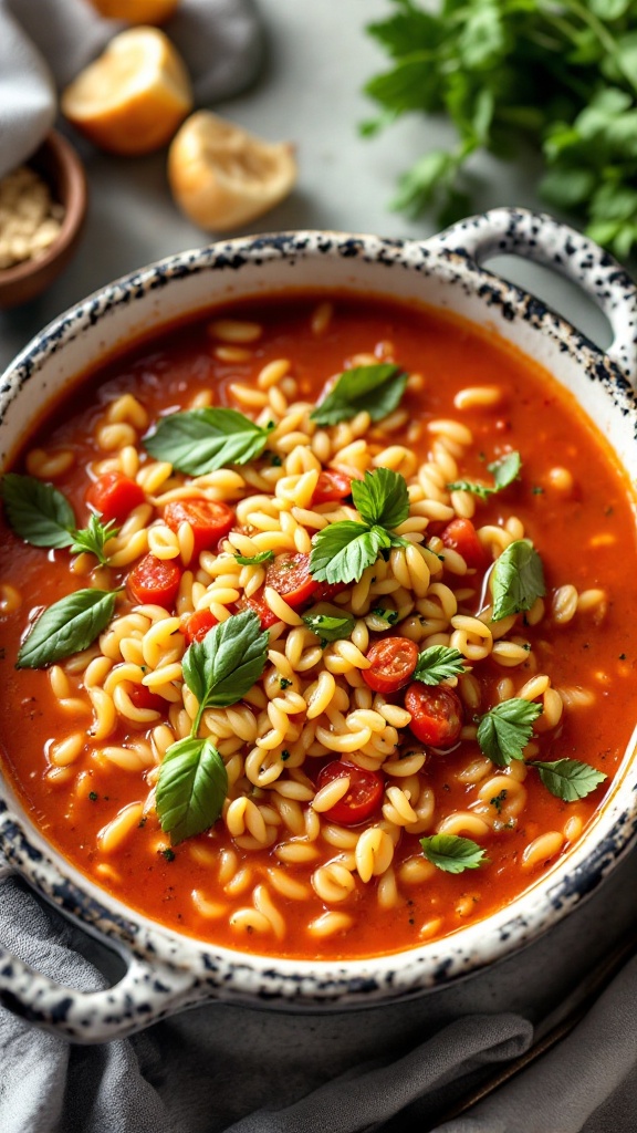 A bowl of orzo and tomato soup garnished with basil