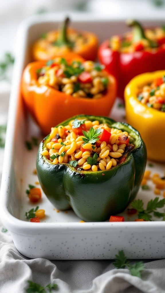 Colorful bell peppers stuffed with orzo and vegetables