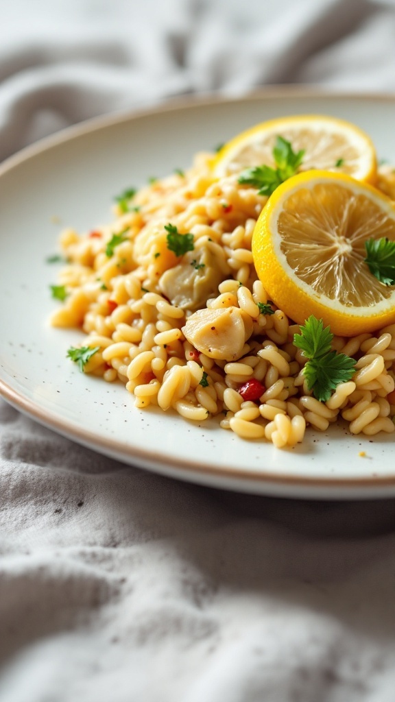 A plate of orzo pasta mixed with artichoke hearts and garnished with lemon slices and parsley.