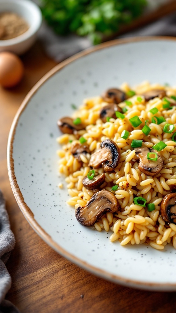 Plate of orzo pasta with garlic butter mushrooms garnished with green onions