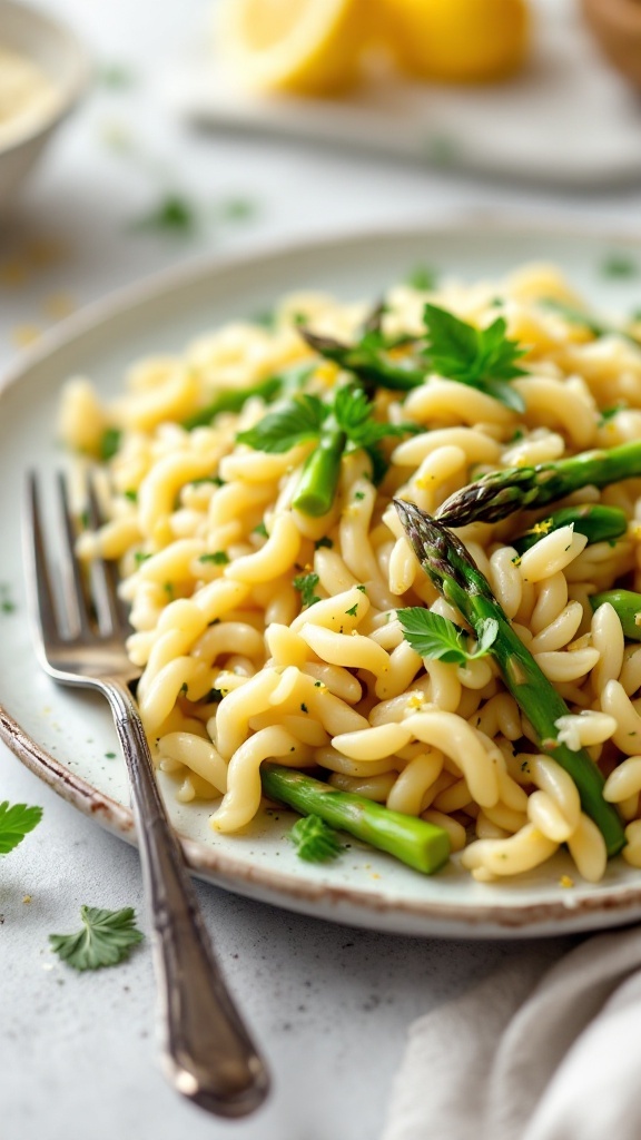 A plate of orzo pasta with asparagus and a hint of lemon, garnished with fresh herbs.