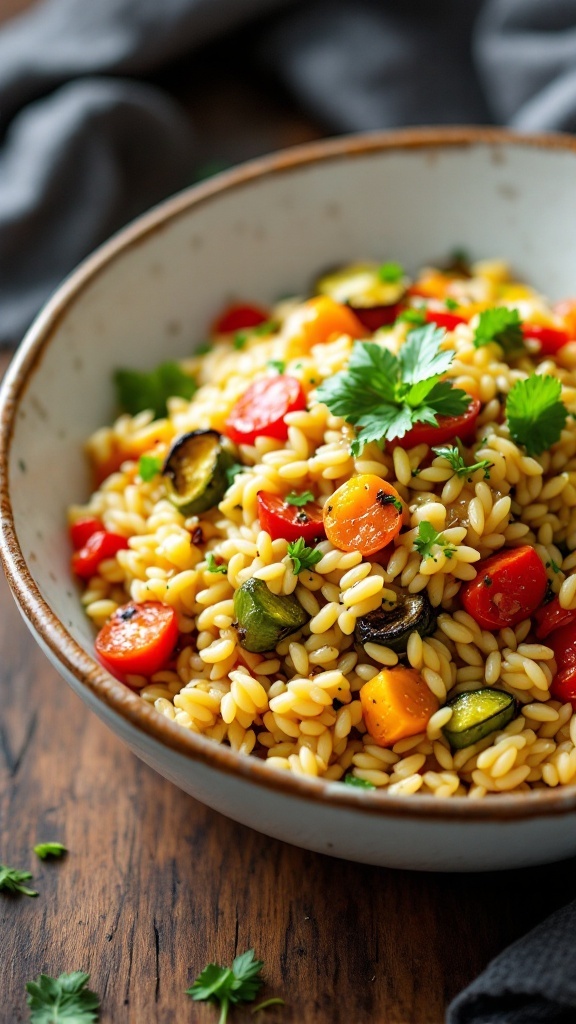 A bowl of orzo pasta mixed with colorful roasted vegetables garnished with herbs.