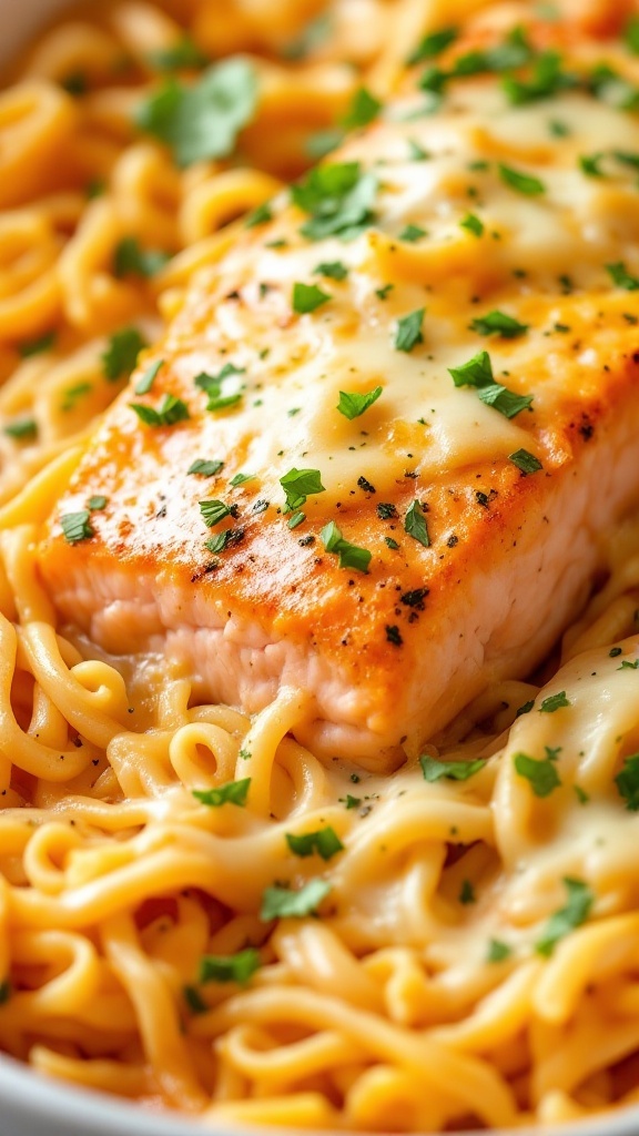 Oven-baked salmon pasta bake with herbs and cheese