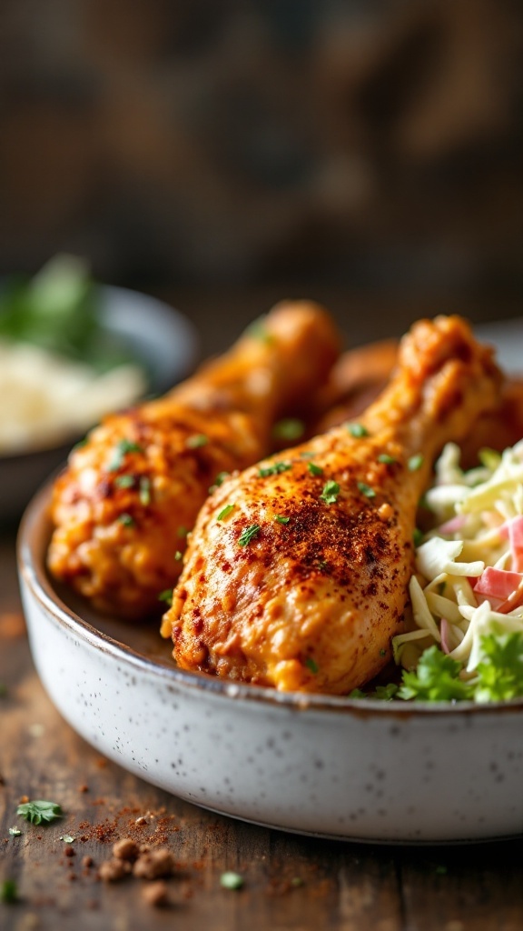 Delicious air fryer chicken legs seasoned with paprika served with a side salad.