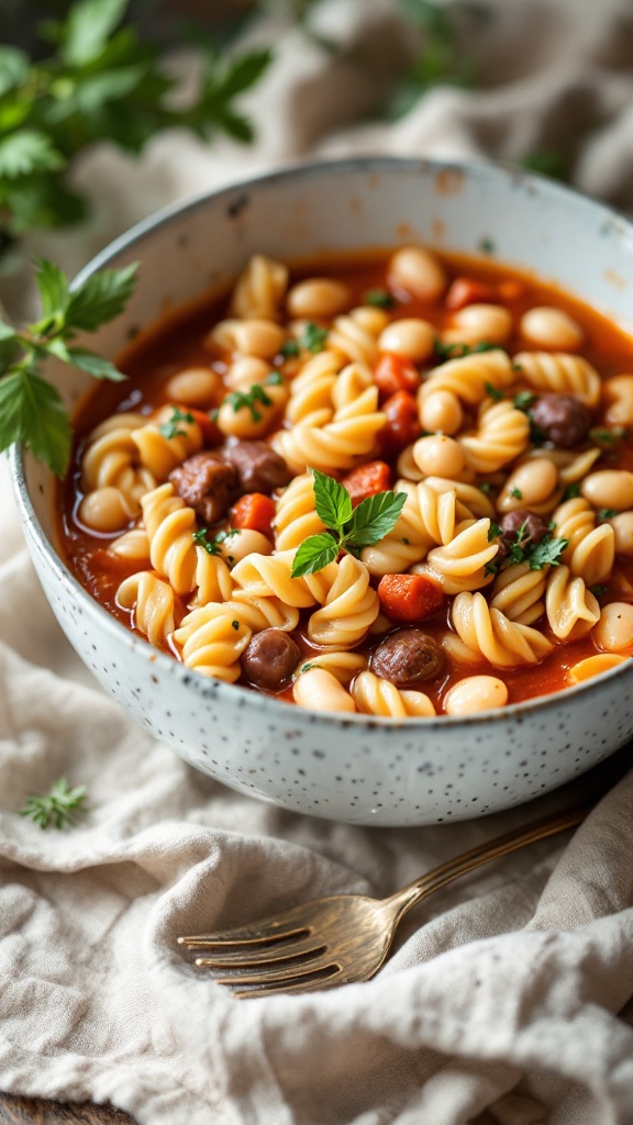 A bowl of Pasta e Fagioli Soup with pasta, beans, and vegetables, garnished with parsley.