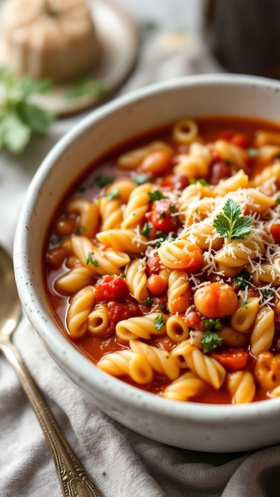 A hearty bowl of Pasta e Fagioli soup with pasta and beans.