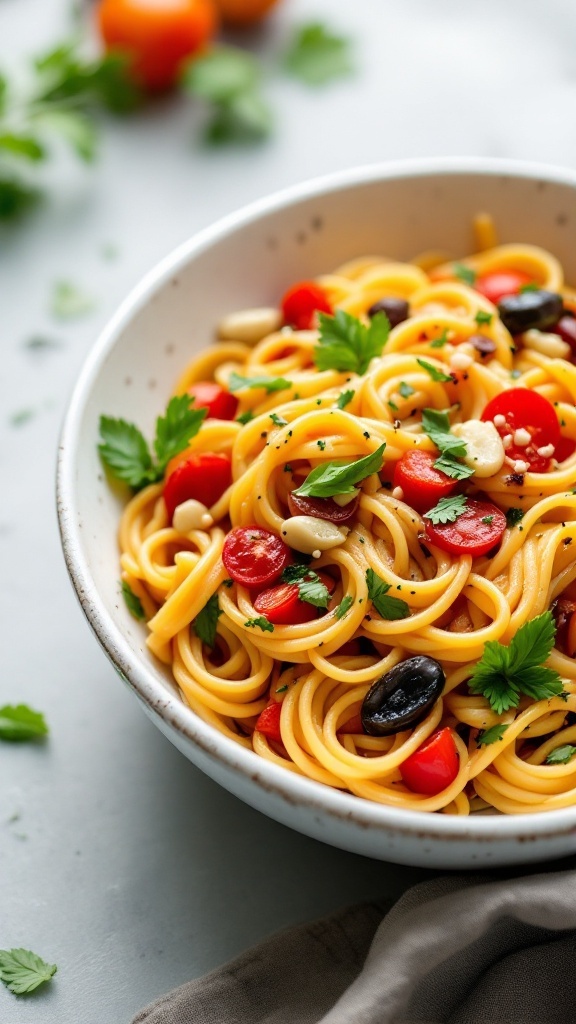 A bowl of pasta primavera with seasonal vegetables, garnished with herbs.