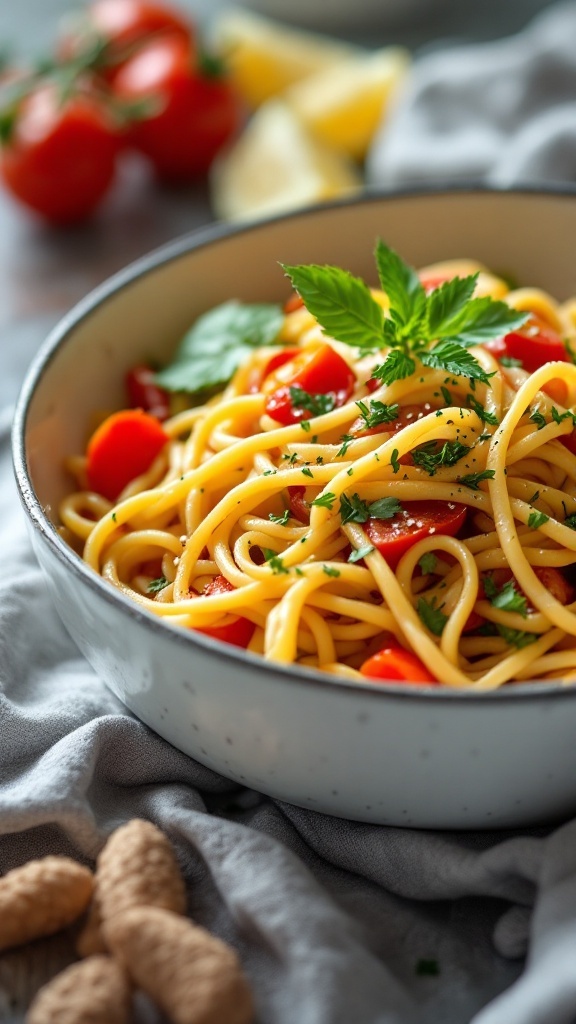 A bowl of pasta primavera with seasonal veggies