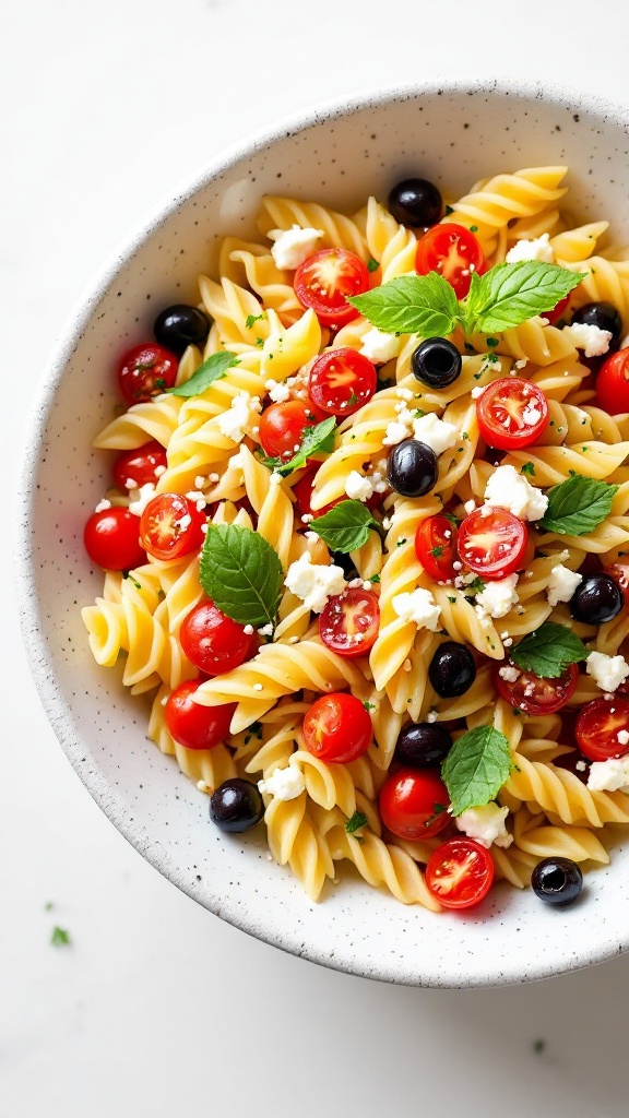 A colorful bowl of pasta salad with cherry tomatoes and feta cheese