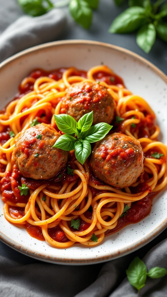 A bowl of pasta topped with meatballs and marinara sauce garnished with basil.