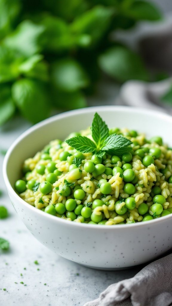 A bowl of pea and mint risotto with green peas and fresh mint leaves on top.
