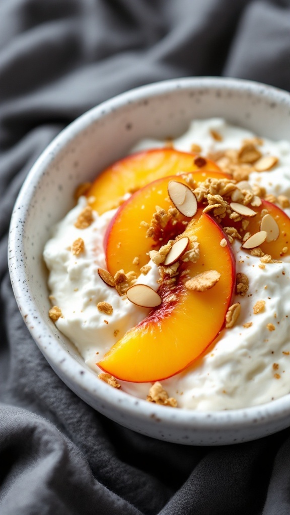 A peach almond crunch bowl with cottage cheese, sliced peaches, almonds, and granola.