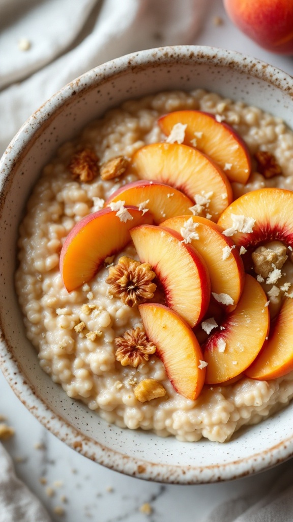 A bowl of peach and ginger overnight oats topped with fresh peach slices and granola.