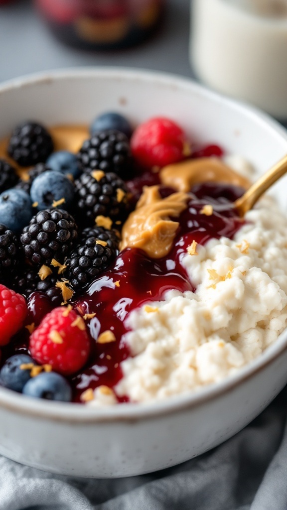 Bowl of peanut butter and jelly cottage cheese oats topped with fresh berries.