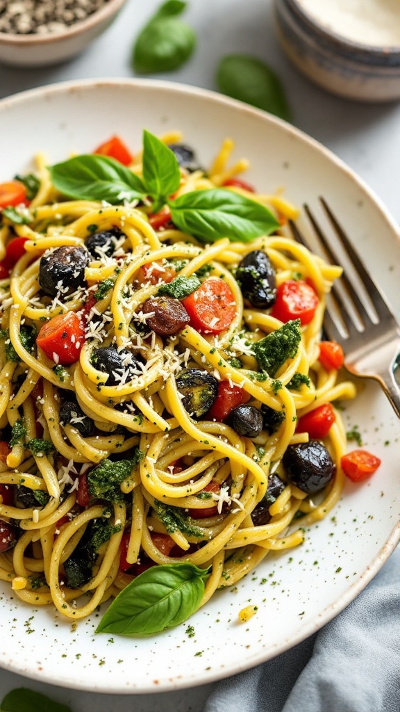 A bowl of pesto and roasted veggie pasta with vibrant vegetables and basil leaves on top.