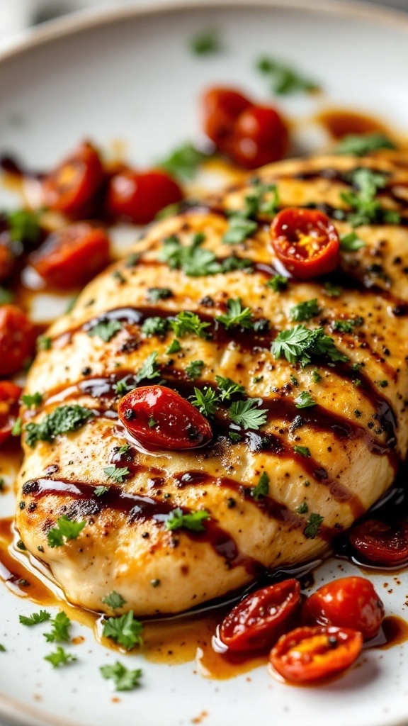 A plate of pesto chicken with sun-dried tomatoes garnished with herbs.