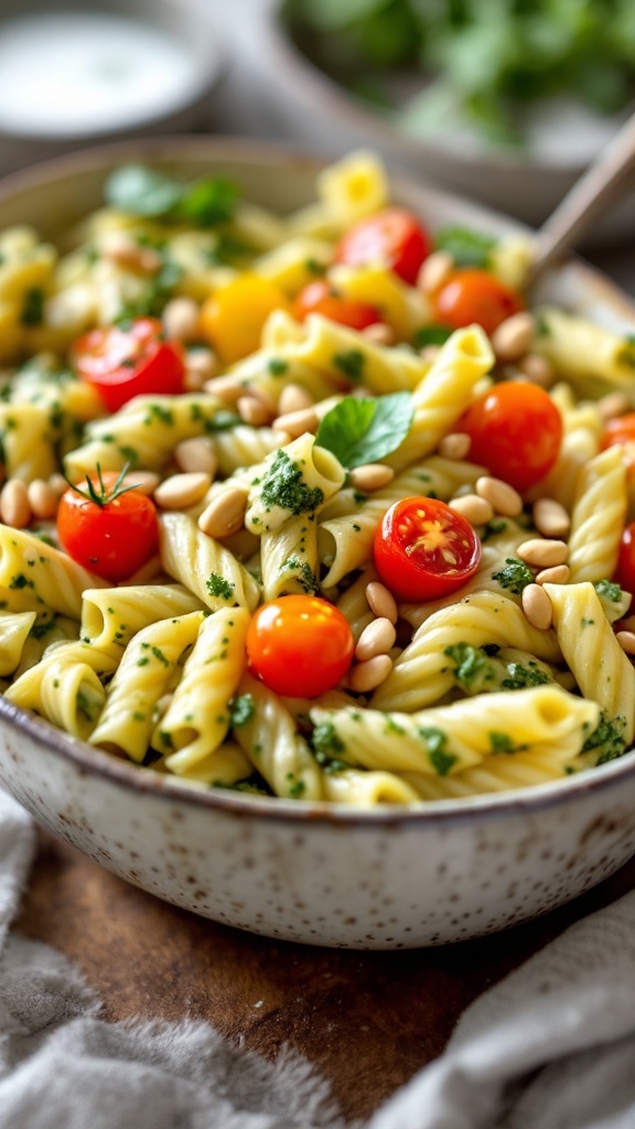 A bowl of pasta with pesto, cherry tomatoes, and pine nuts.