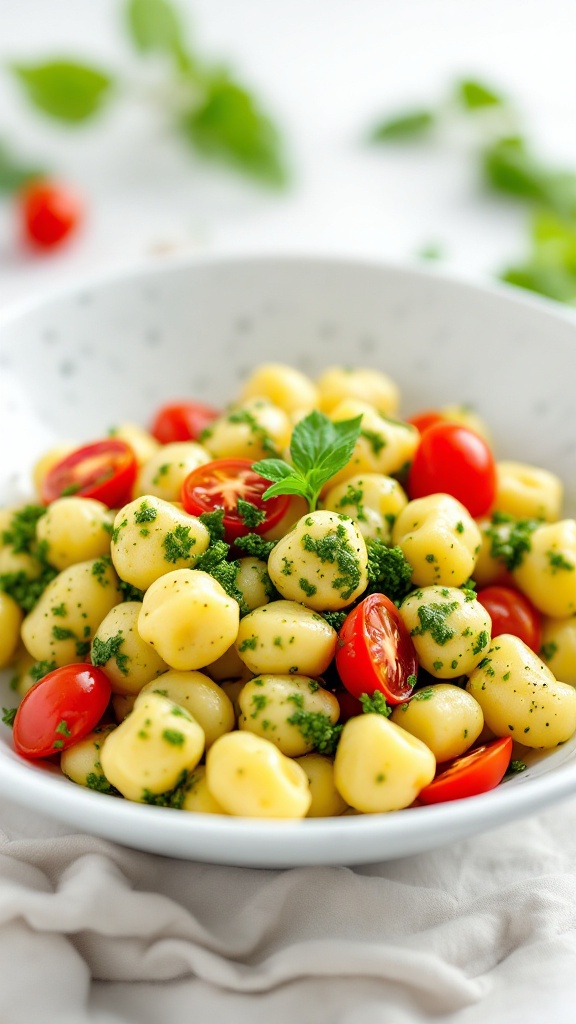 A plate of pesto gnocchi topped with cherry tomatoes and fresh basil.