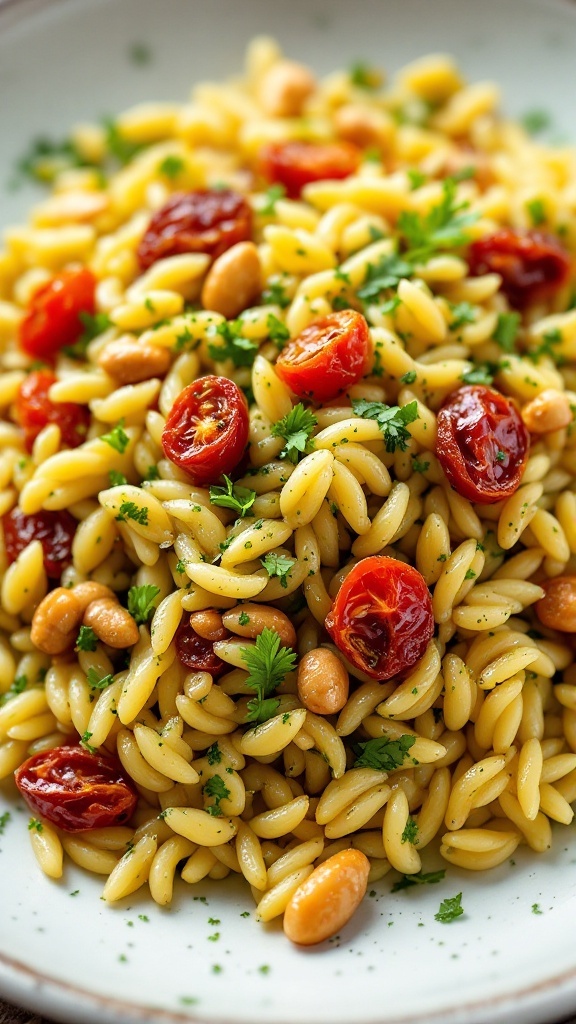 A bowl of pesto orzo with sun-dried tomatoes and pine nuts, garnished with parsley.