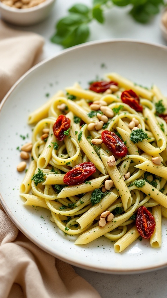 A plate of Pesto Penne with Sun-Dried Tomatoes garnished with pine nuts and fresh herbs.